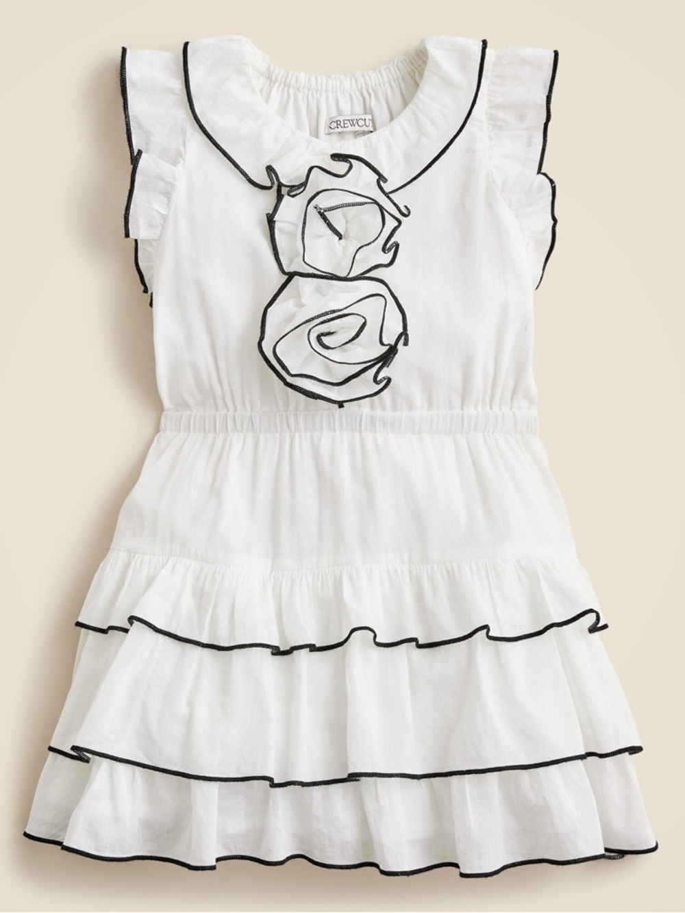 J. Crew Girls’ White/Navy Rosette Ruffle-Trim Dress—8